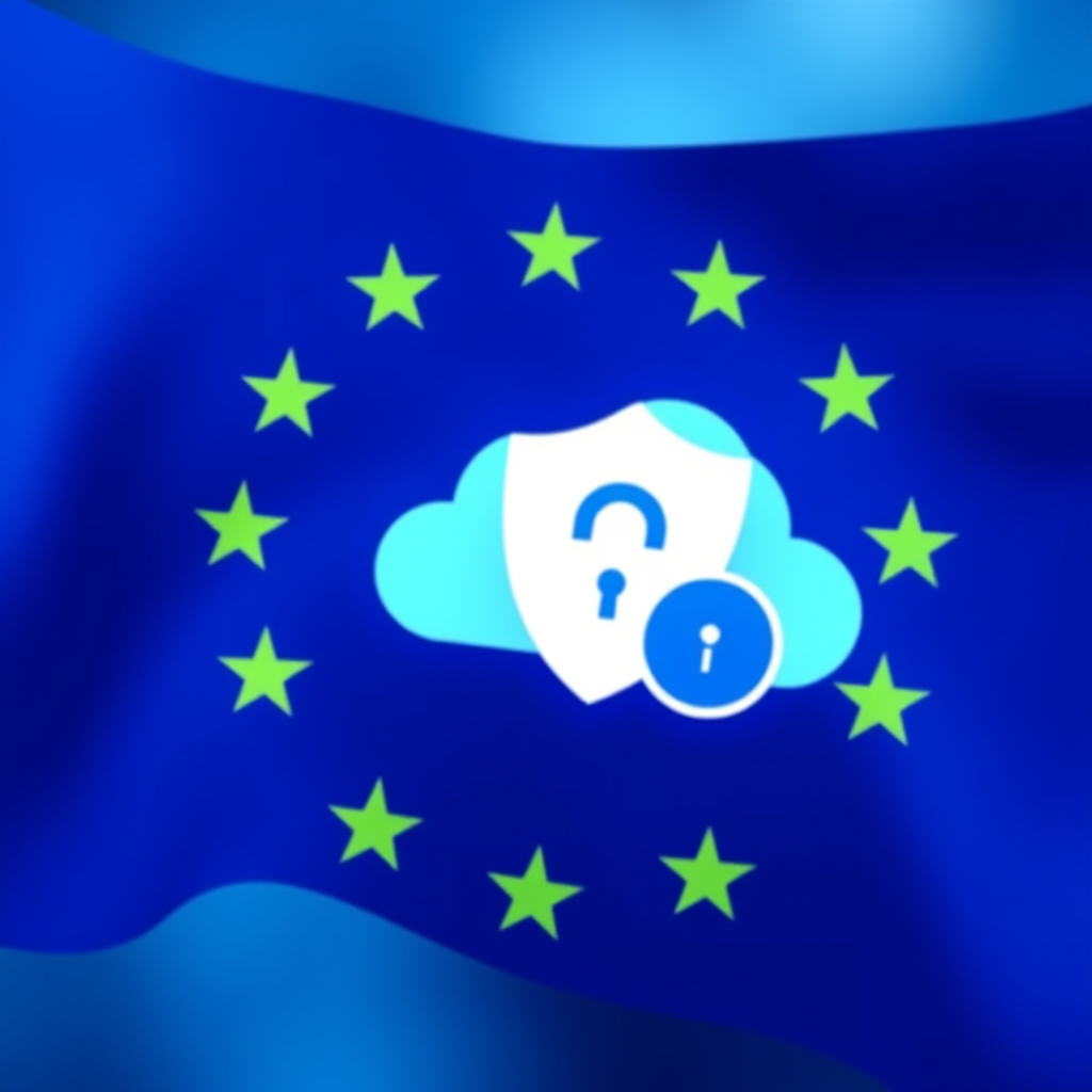 Euroopan unionin lippu ja tietosuojasymbolit, digitaalinen pilvipalvelujen turvallisuutta kuvaava grafiikka sinisillä sävyillä