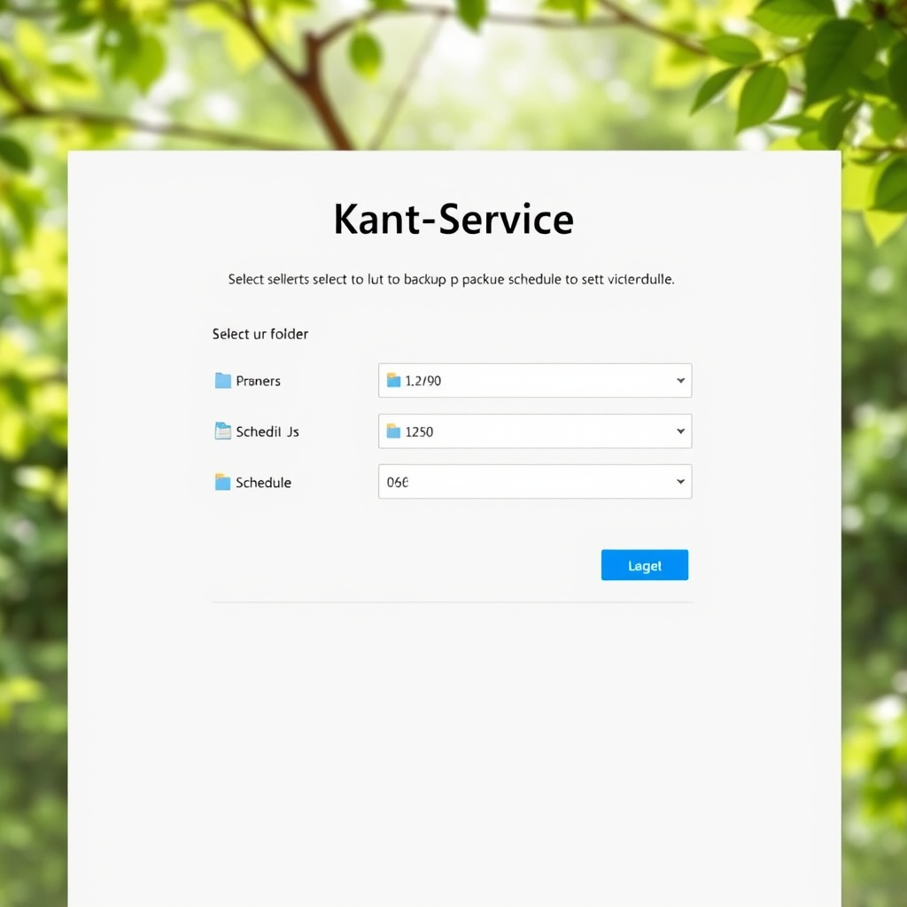 Kant-Service sovelluksen asennusnäkymä jossa käyttäjä valitsee varmuuskopioitavat kansiot ja määrittää aikataulun