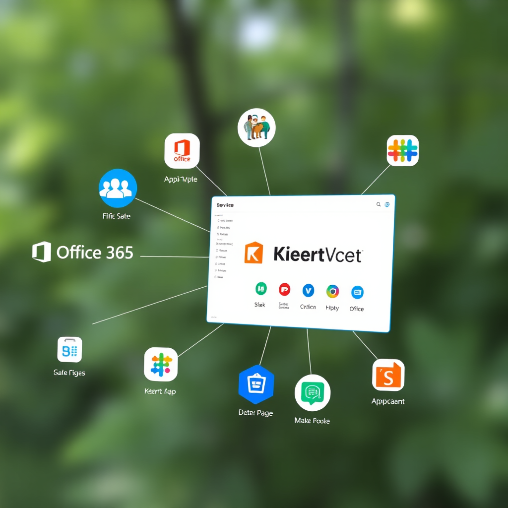 Näyttökuva jossa näkyy Kant-Service integroituna eri työkaluihin kuten Office 365, Slack, ja muihin yrityssovelluksiin